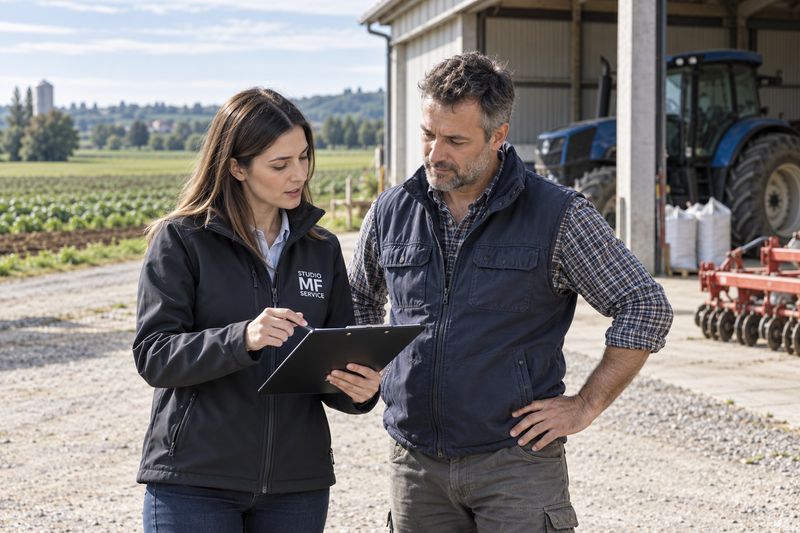 Un consulente di Studio MF Service e un imprenditore agricolo verificano un'area di lavoro in azienda.