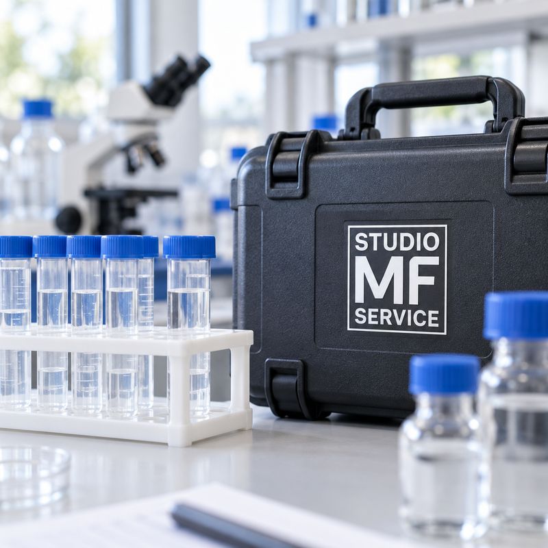 Campioni d'acqua su un banco di laboratorio accanto a una custodia di Studio MF Service.
