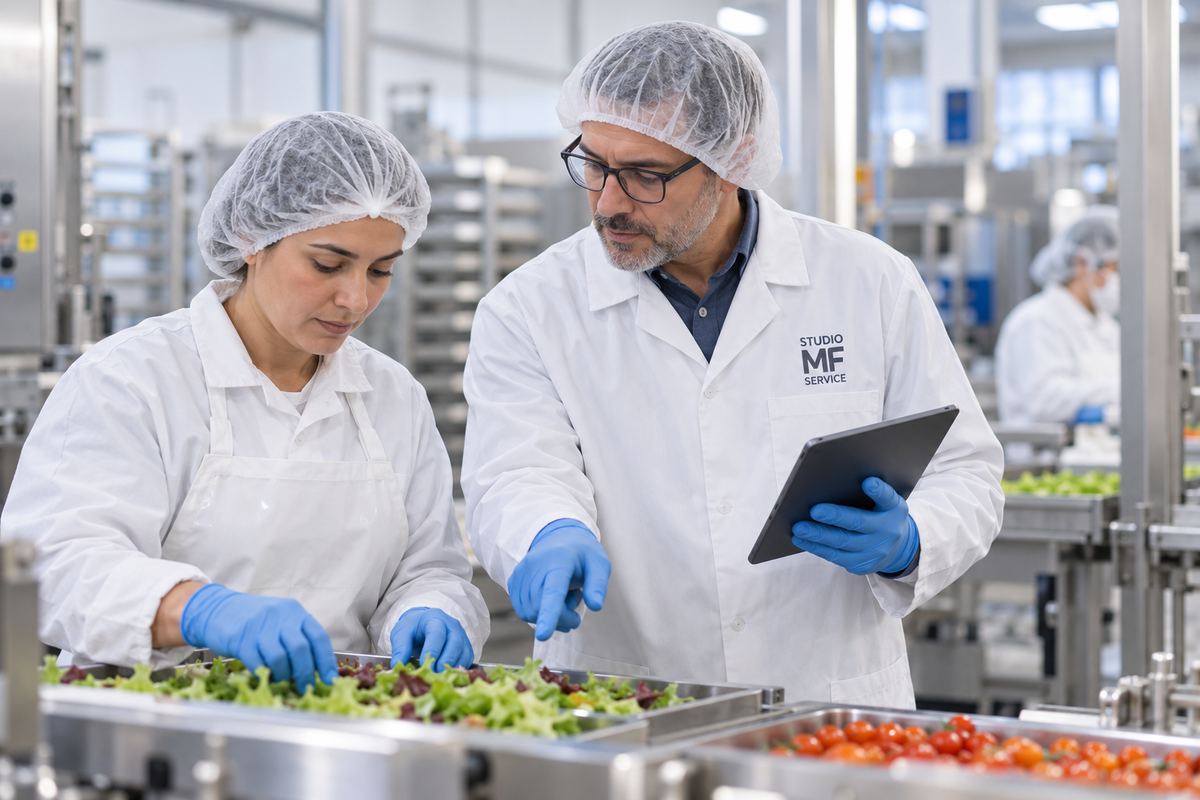 Due professionisti di Studio MF Service, con camice e cuffia, verificano i processi in un laboratorio di produzione alimentare.