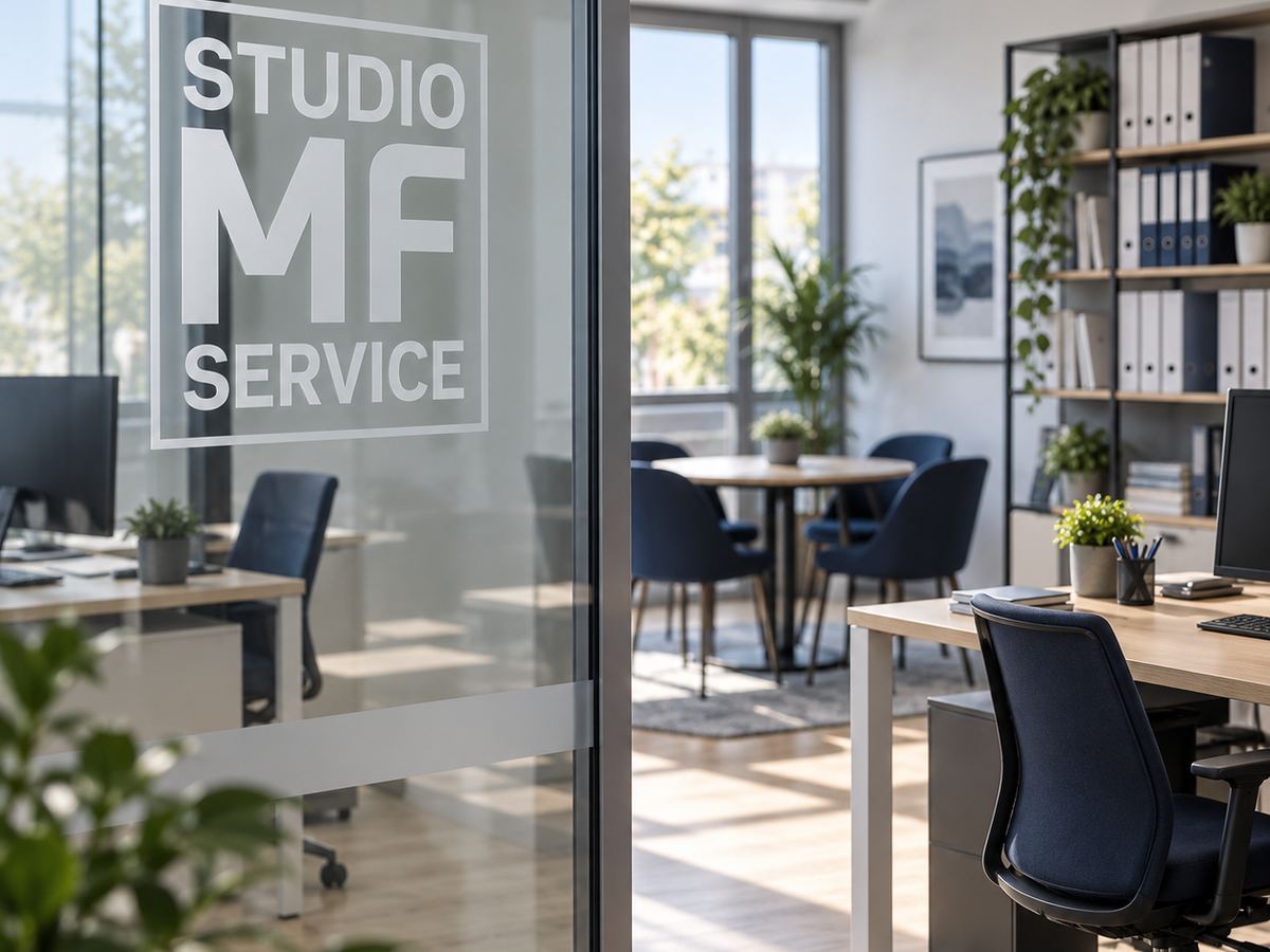 Interno luminoso di uno studio professionale, con il marchio di Studio MF Service sulla parete di vetro.